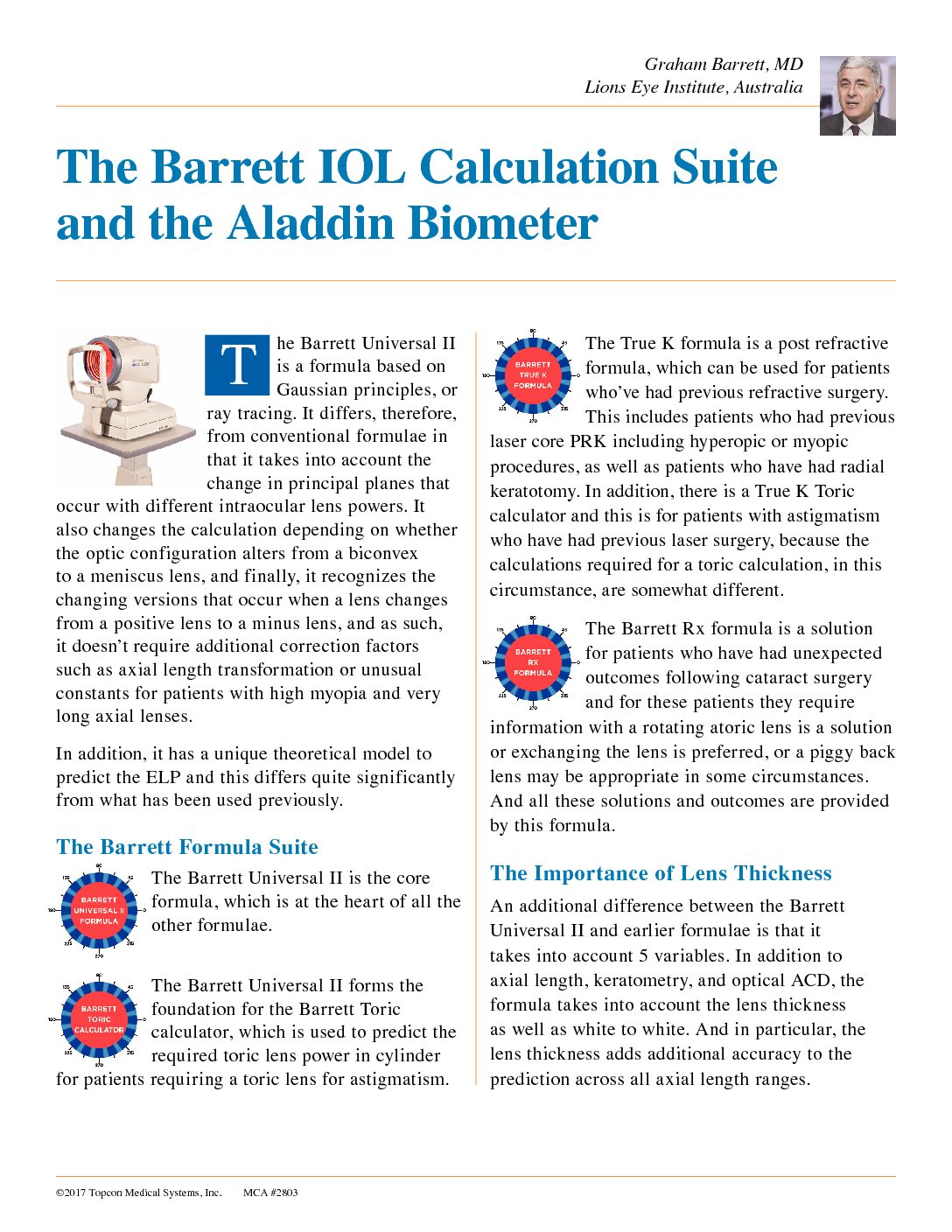 The Barrett IOL Calculation Suite and the Aladdin Biometer